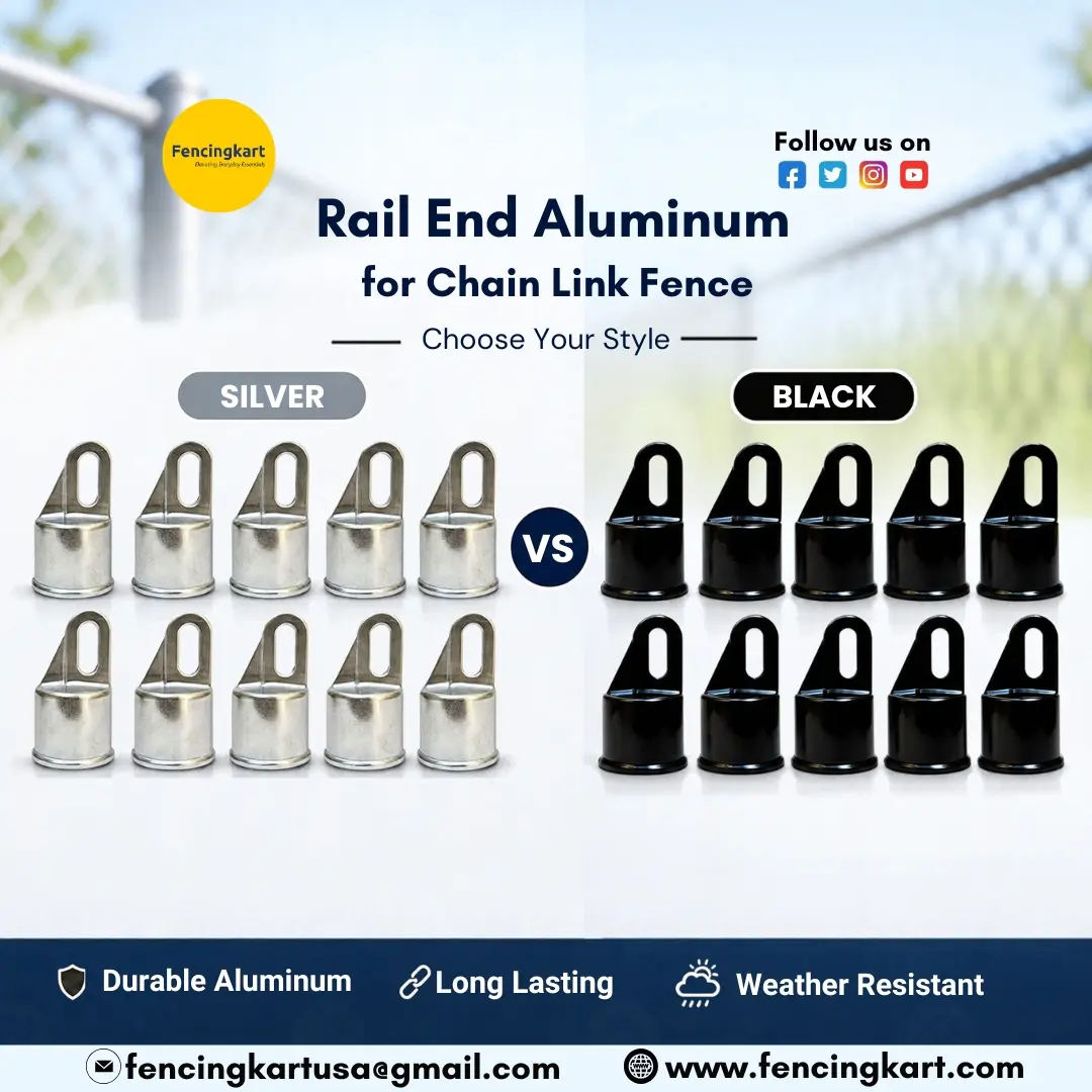 Silver and black aluminum rail ends for chain link fence 